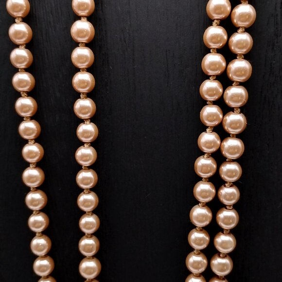Vintage Long Champagne Faux Pearl Necklace Heavy Hand Knotted Single Strand Bead - Picture 14 of 16